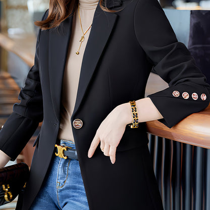 Elegant Black Blazer with Golden Buttons - Stylish Long Sleeve Women'S Blazer for Work & Casual, Autumn & Winter, Casual Workwear | Elegant Blazer | Stylish Button Detail, Blazers for Women