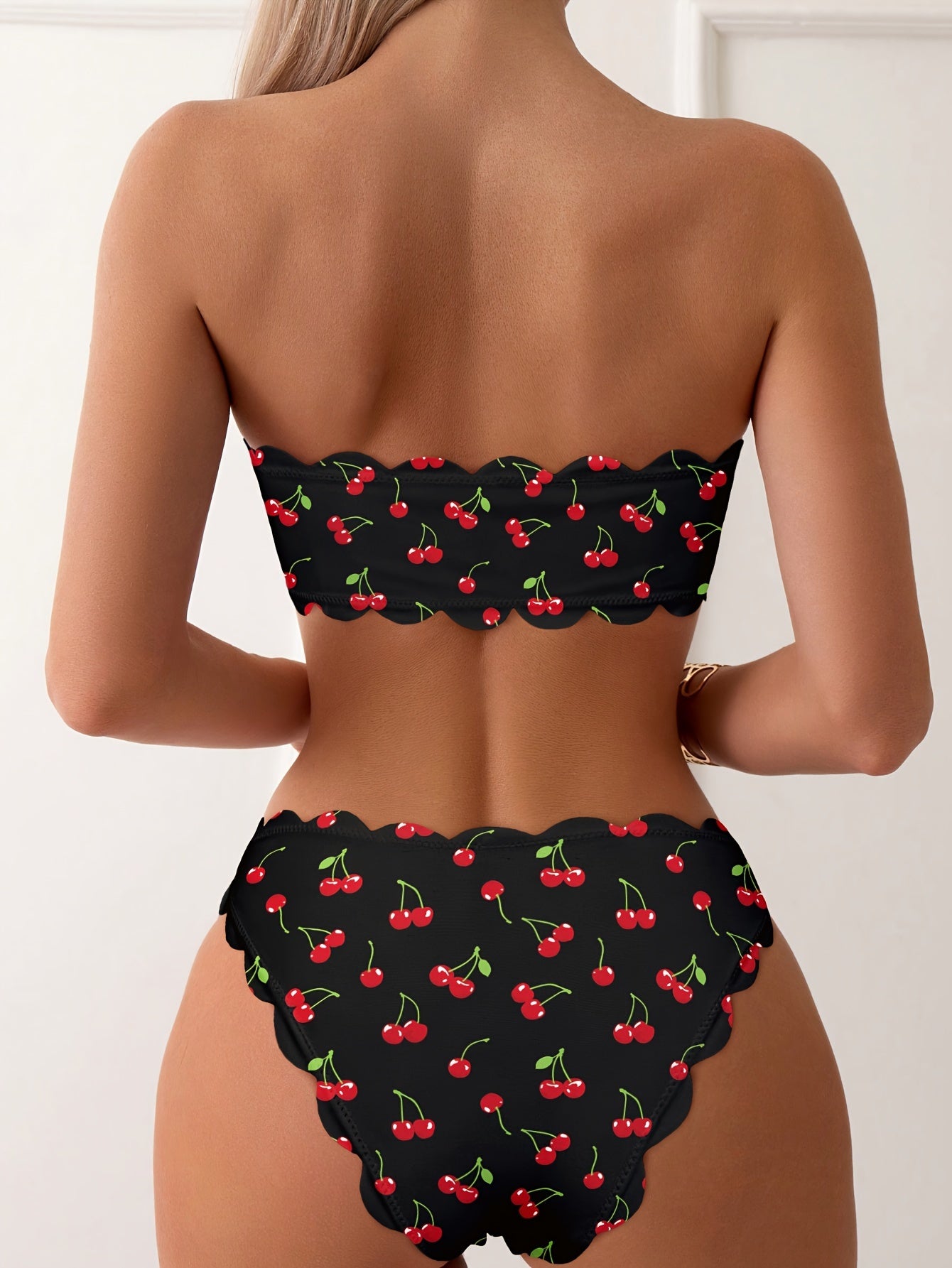 2 Piece Cherry Print Lace Up Scallop Trim Bandeau Strapless Bikini Set - High Stretch Polyester Swimsuit with Cross Strape, Random Fruit Print, and Hand Washable - Customized Knit Fabric Womens Swimwear