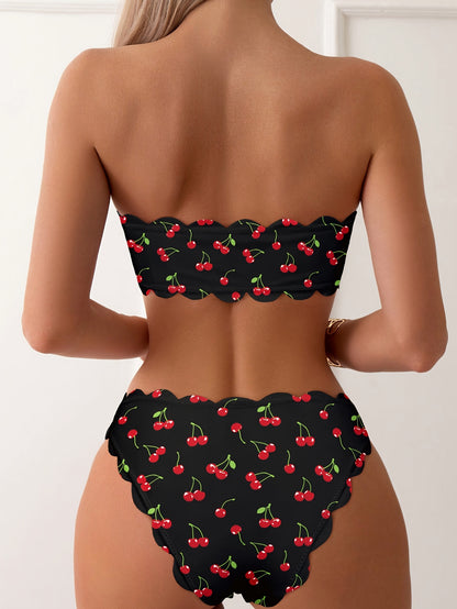 2 Piece Cherry Print Lace Up Scallop Trim Bandeau Strapless Bikini Set - High Stretch Polyester Swimsuit with Cross Strape, Random Fruit Print, and Hand Washable - Customized Knit Fabric Womens Swimwear