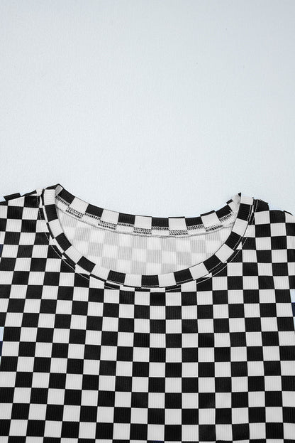 Black Checkered Ribbed Slim Fit Crew Neck T Shirt
