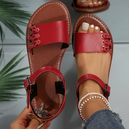 Women's Ankle Strap Flat Sandals, Solid Color Open Toe Summer Shoes, Casual Outdoor Beach Sandals