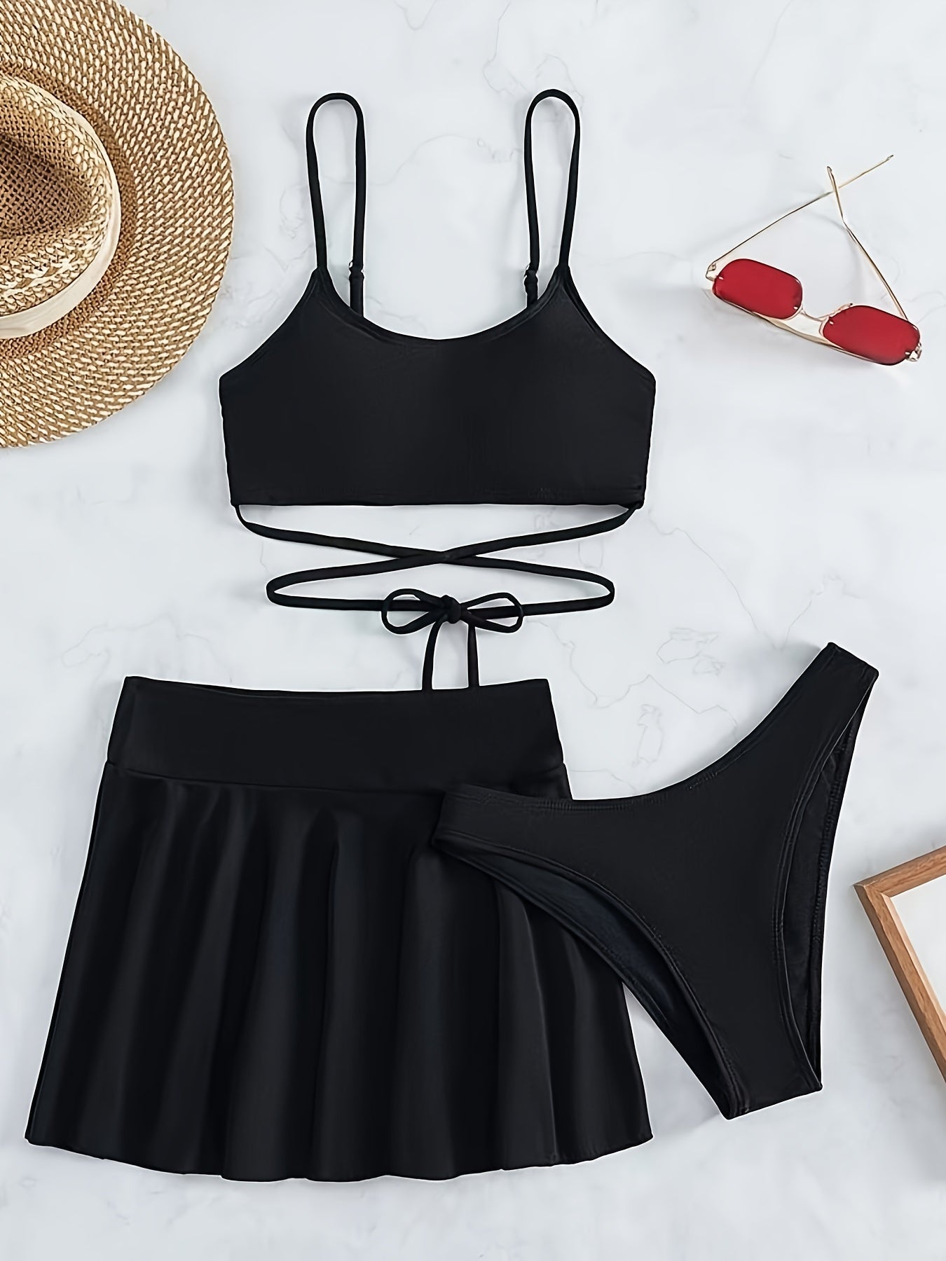 Elegant Solid-Color 3-Piece Swimwear: Cross-Strap Bikini & Pleated Skirt Cover-Up - Comfortable, Stretchy, and Durable