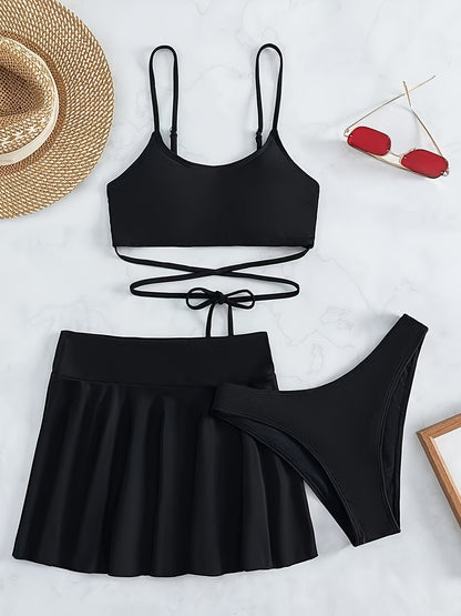 Elegant Solid-Color 3-Piece Swimwear: Cross-Strap Bikini & Pleated Skirt Cover-Up - Comfortable, Stretchy, and Durable