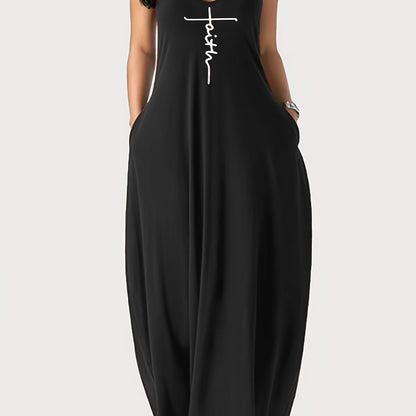 Faith Print Backless Dress, Casual Spaghetti Strap V Neck Loose Dress, Women's Clothing
