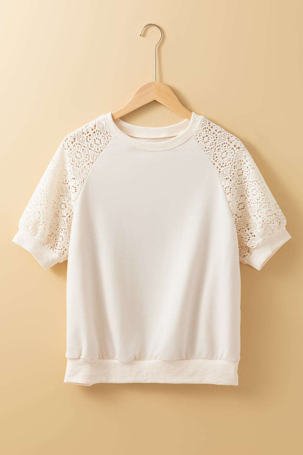 Jet Stream Lace Crochet Short Sleeve Round Neck T Shirt