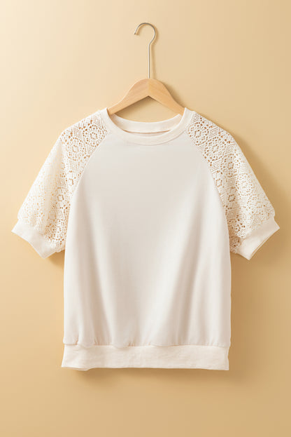 Jet Stream Lace Crochet Short Sleeve Round Neck T Shirt