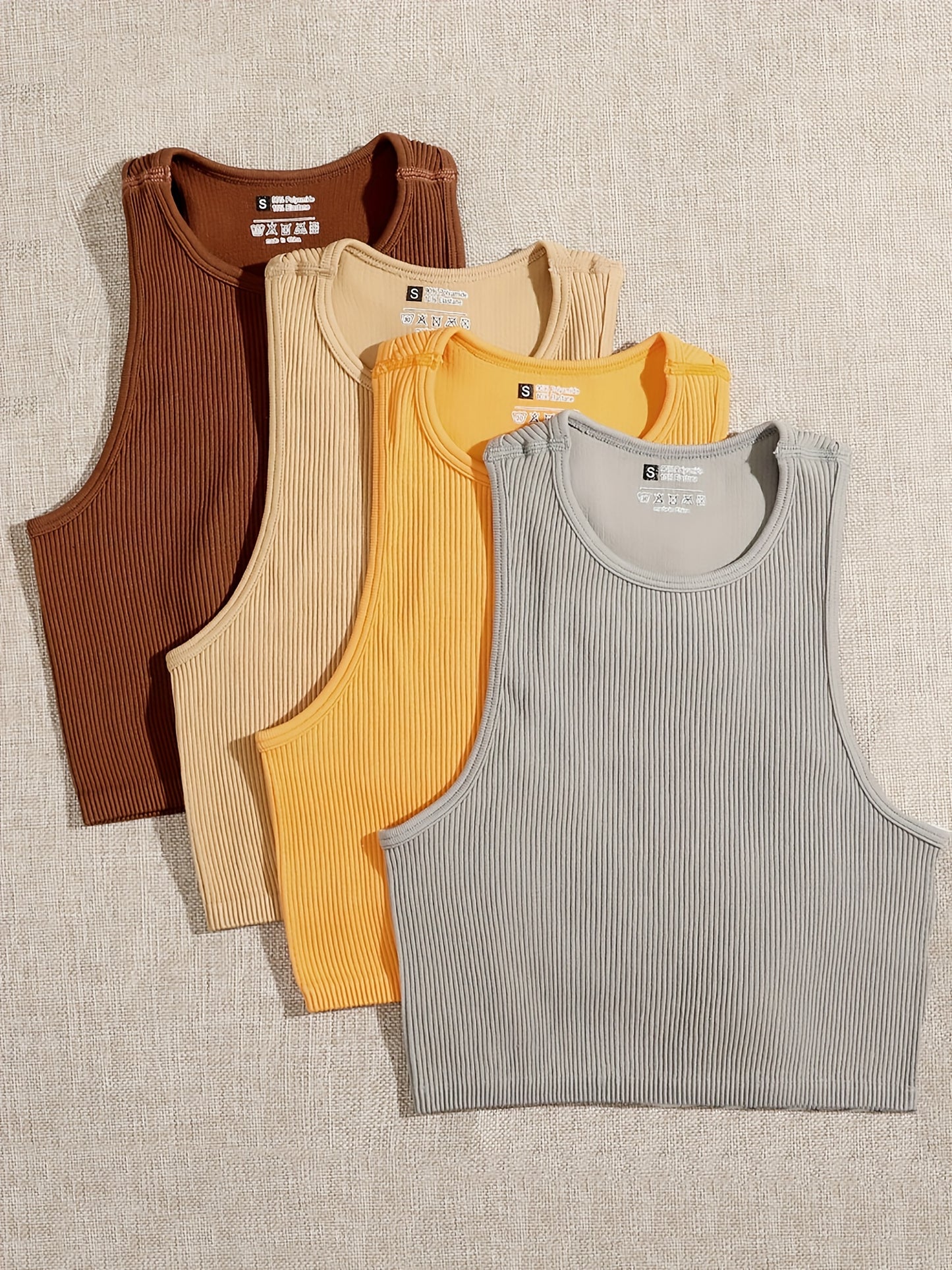 4 Pcs Vibrant Seamless Ribbed Crop Tops - Round Neck, Sleeveless, Breathable, Moisture-Wicking, Casual Sports Tank Tops for Women - Perfect for Yoga, Fitness, and Daily Wear