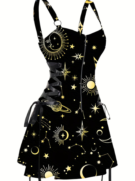 Sun & Moon Print Dress, Casual Ring Linked Backless Dress, Women's Clothing For Party Dressing