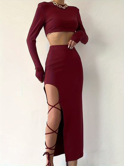 Sexy Two-Piece Outfit Set - Long Sleeve Crew Neck Slim Fit Crop Top & High Waist Asymmetrical Split Thigh Skirt - Women's Comfortable Bodycon Clothing for Daily Wear, Party, Date Night, and Special Occasions