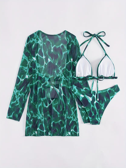 Summer Beach Tie-Dye Printed Camisole Triangle Bikini Set