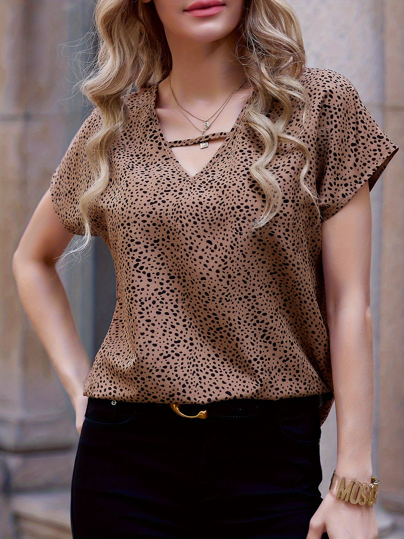 Elegant Dalmatian Spot V-Neck Blouse for Women - Lightweight Polyester, Short Sleeve, Machine Washable Summer Top