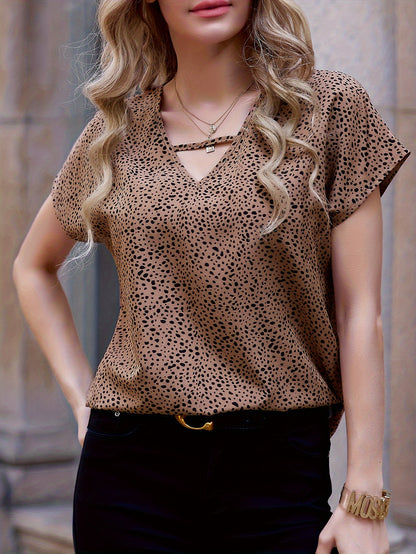 Elegant Dalmatian Spot V-Neck Blouse for Women - Lightweight Polyester, Short Sleeve, Machine Washable Summer Top