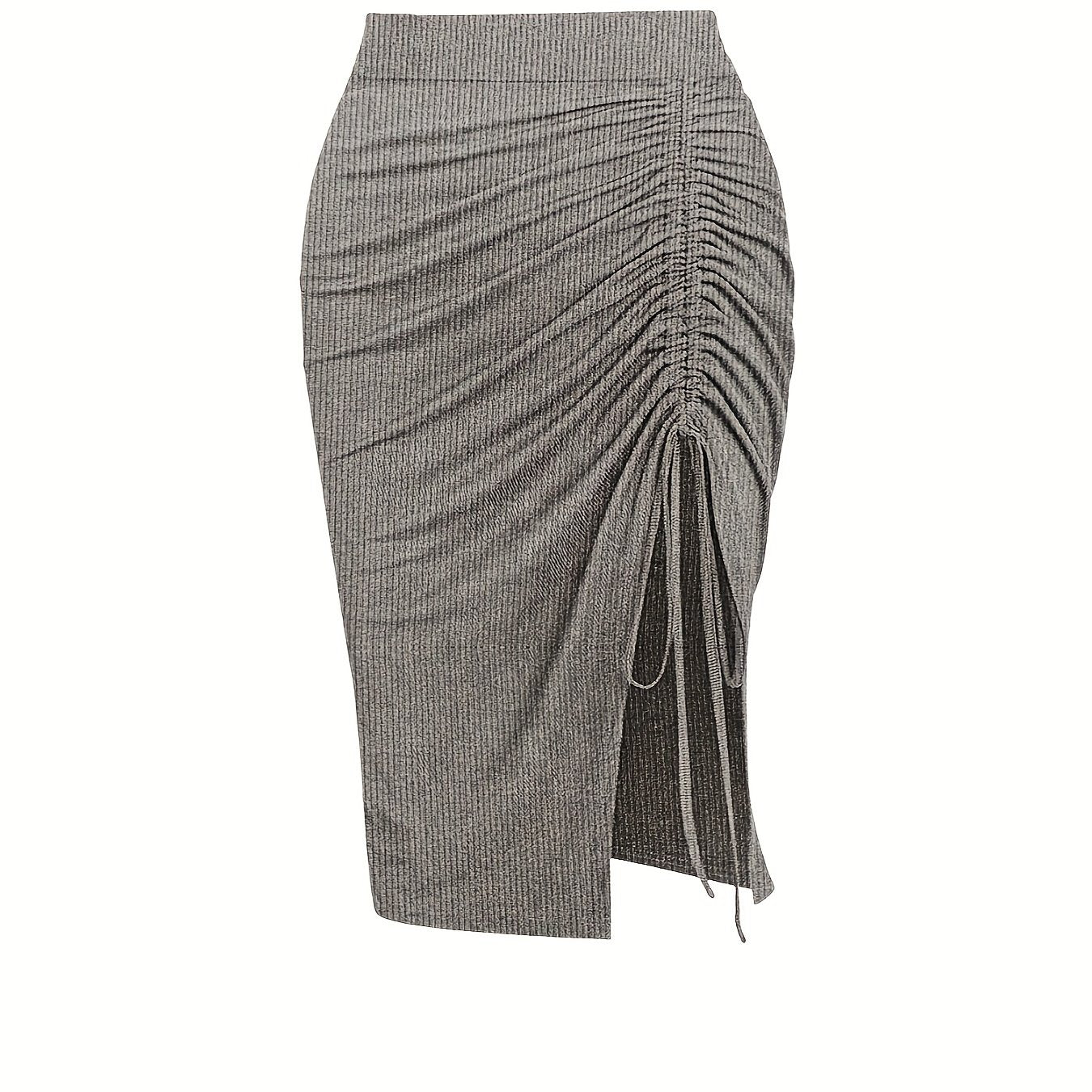 Solid Ruched Drawstring Split Skirt, Casual Bodycon Stretchy Skirt For Spring & Summer, Women's Clothing