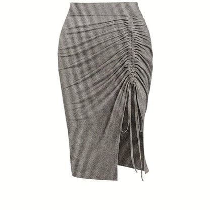 Solid Ruched Drawstring Split Skirt, Casual Bodycon Stretchy Skirt For Spring & Summer, Women's Clothing