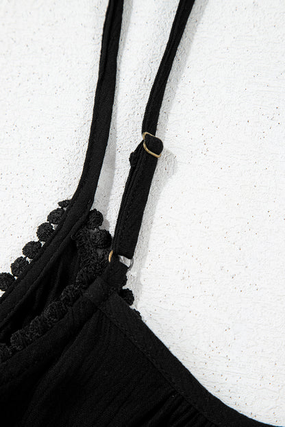 Black Floral Embroidery Ruffled Spaghetti Straps Tank Top