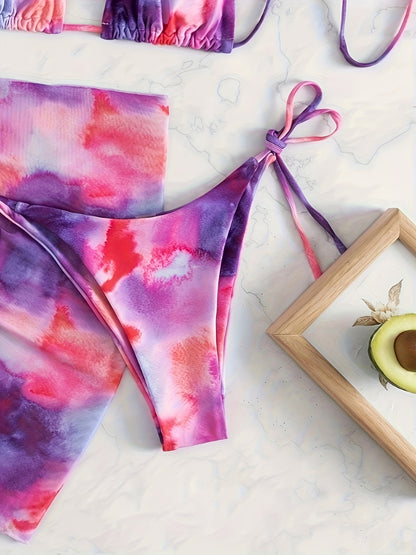 Vibrant Tie Dye Halter Bikini Set - Adjustable 3 Piece Swimwear with Backless Triangle Top & Flowy Cover Up Wrap for Women