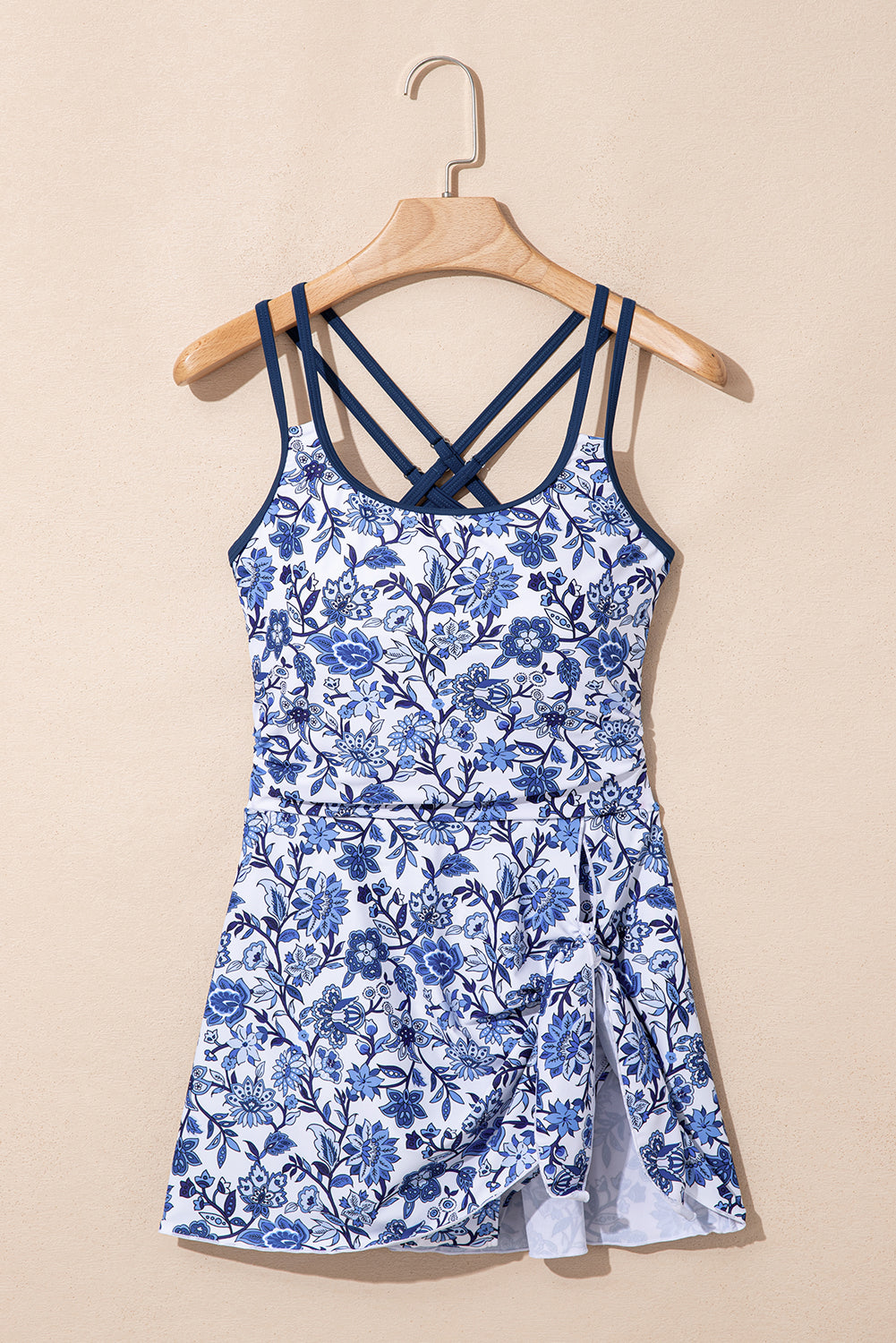 Sky Blue Crossed Back Floral Print Asymmetric Knot Side One Piece Swimsuit