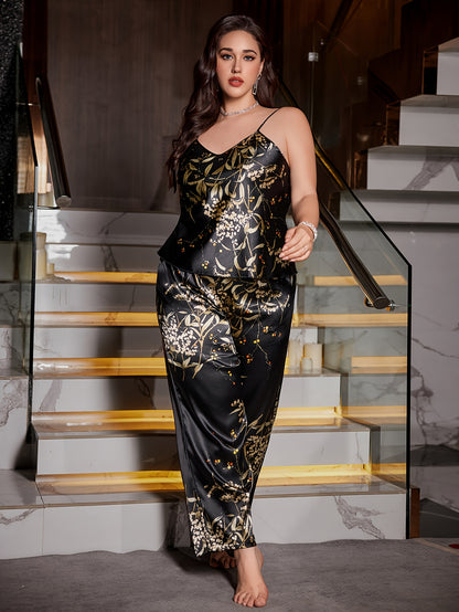 2pcs Plus Size Women'S Cherry Print Cami Pants Pajama Set - Elegant Sleeveless Jumpsuit with Floral Design, Backless, All-Season Comfort, Comfortable Loungewear|Floral Print Jumpsuit|Backless Design, Cherry Pants