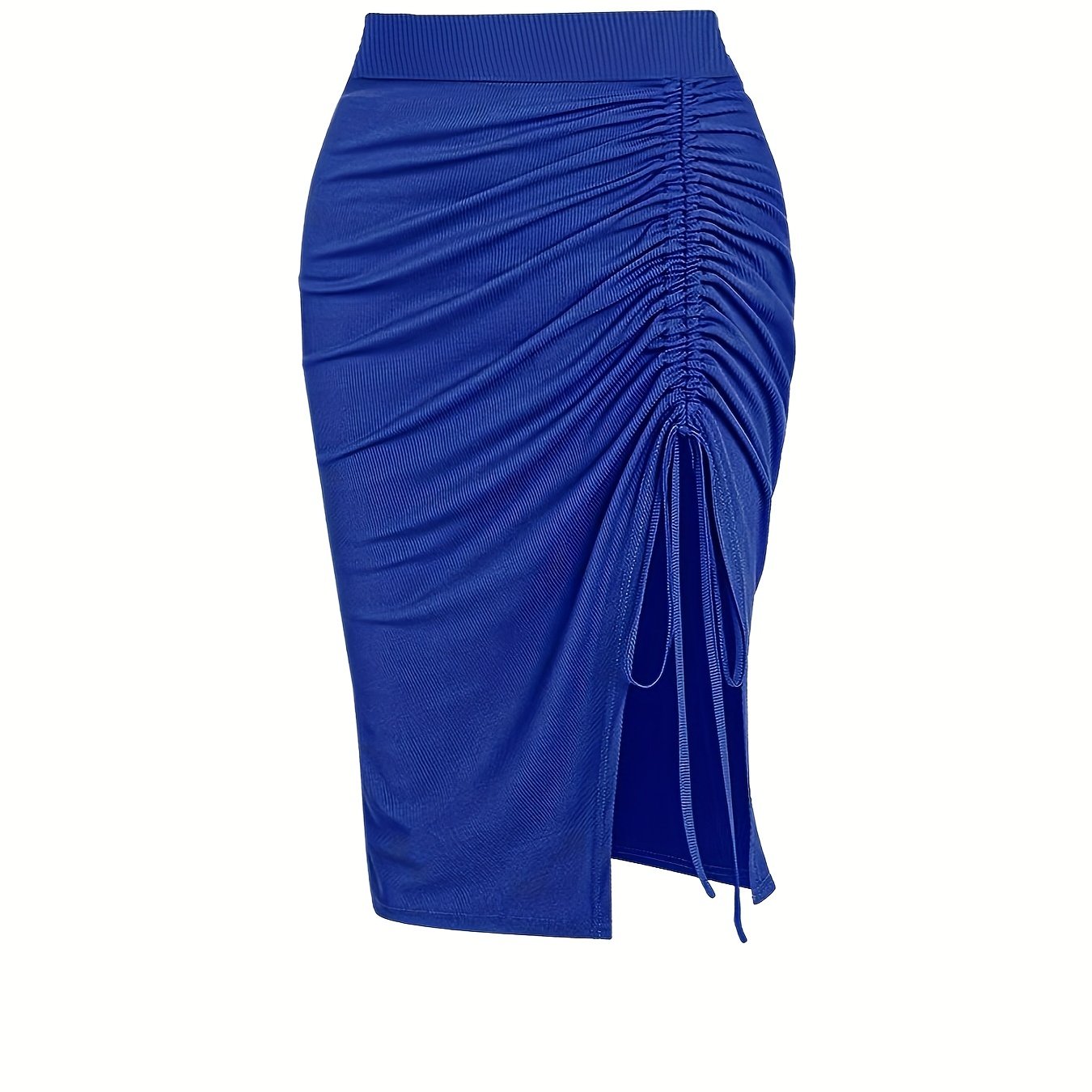Solid Ruched Drawstring Split Skirt, Casual Bodycon Stretchy Skirt For Spring & Summer, Women's Clothing