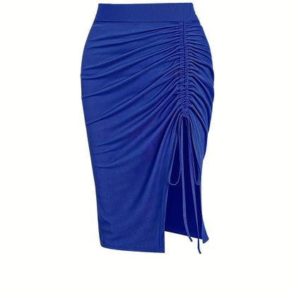 Solid Ruched Drawstring Split Skirt, Casual Bodycon Stretchy Skirt For Spring & Summer, Women's Clothing