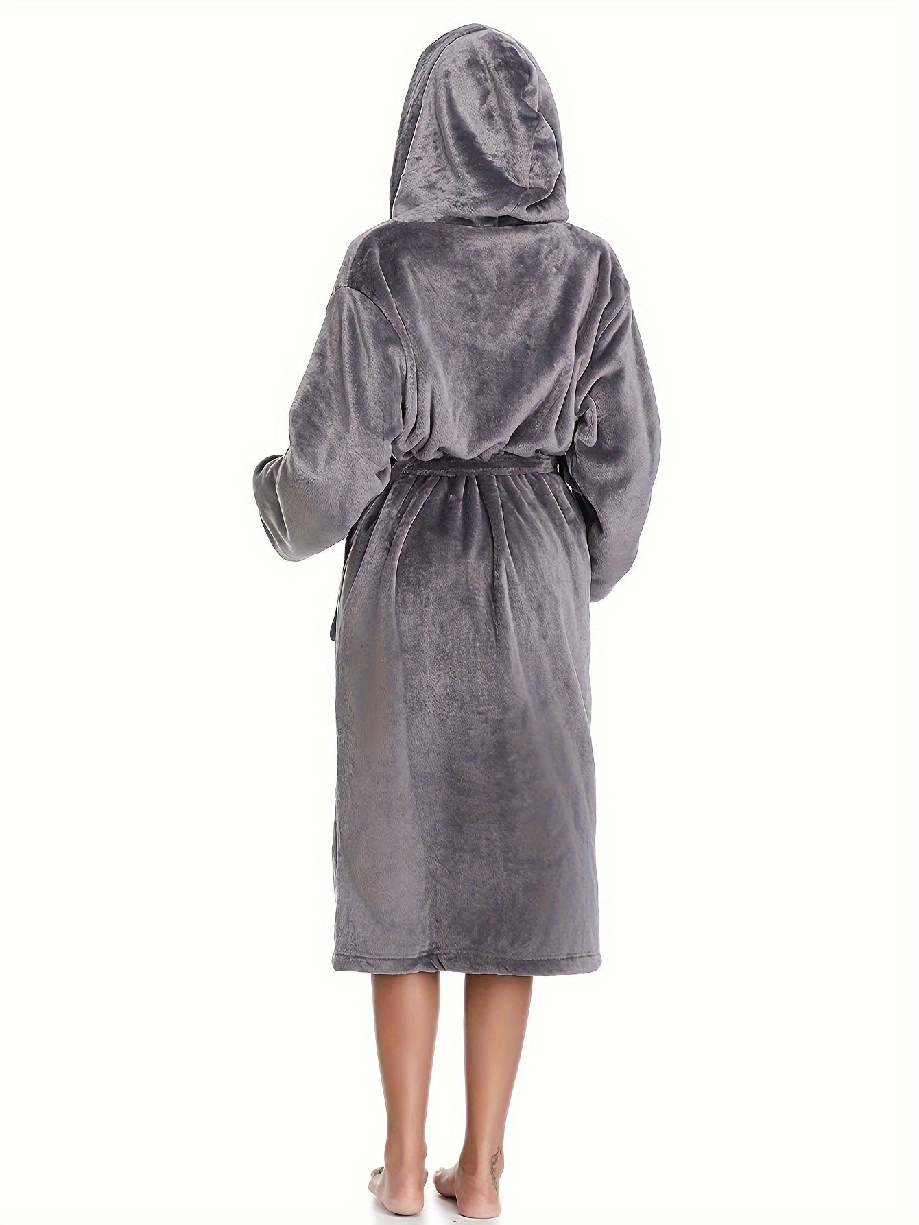 Elegant Polyester Hooded Dressing Gown for Women - Casual Long Sleeve Solid Color Lounge Robe with Belt, Flannel Winter Sleepwear with Hood, Knit Fabric, Warm Plush Lined Bathrobe for Fall/Winter