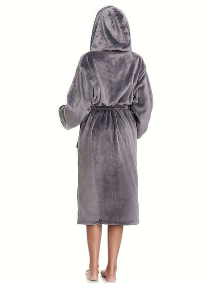 Elegant Polyester Hooded Dressing Gown for Women - Casual Long Sleeve Solid Color Lounge Robe with Belt, Flannel Winter Sleepwear with Hood, Knit Fabric, Warm Plush Lined Bathrobe for Fall/Winter