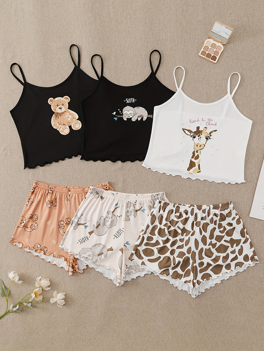 3 Sets Cartoon Print Pajama Set - Ultra-Relaxed Fit, Vibrant Print, Crew Neck Cami Top, Elastic Shorts - Womens Sleepwear & Loungewear with Lettuce Trim for Ultimate Comfort