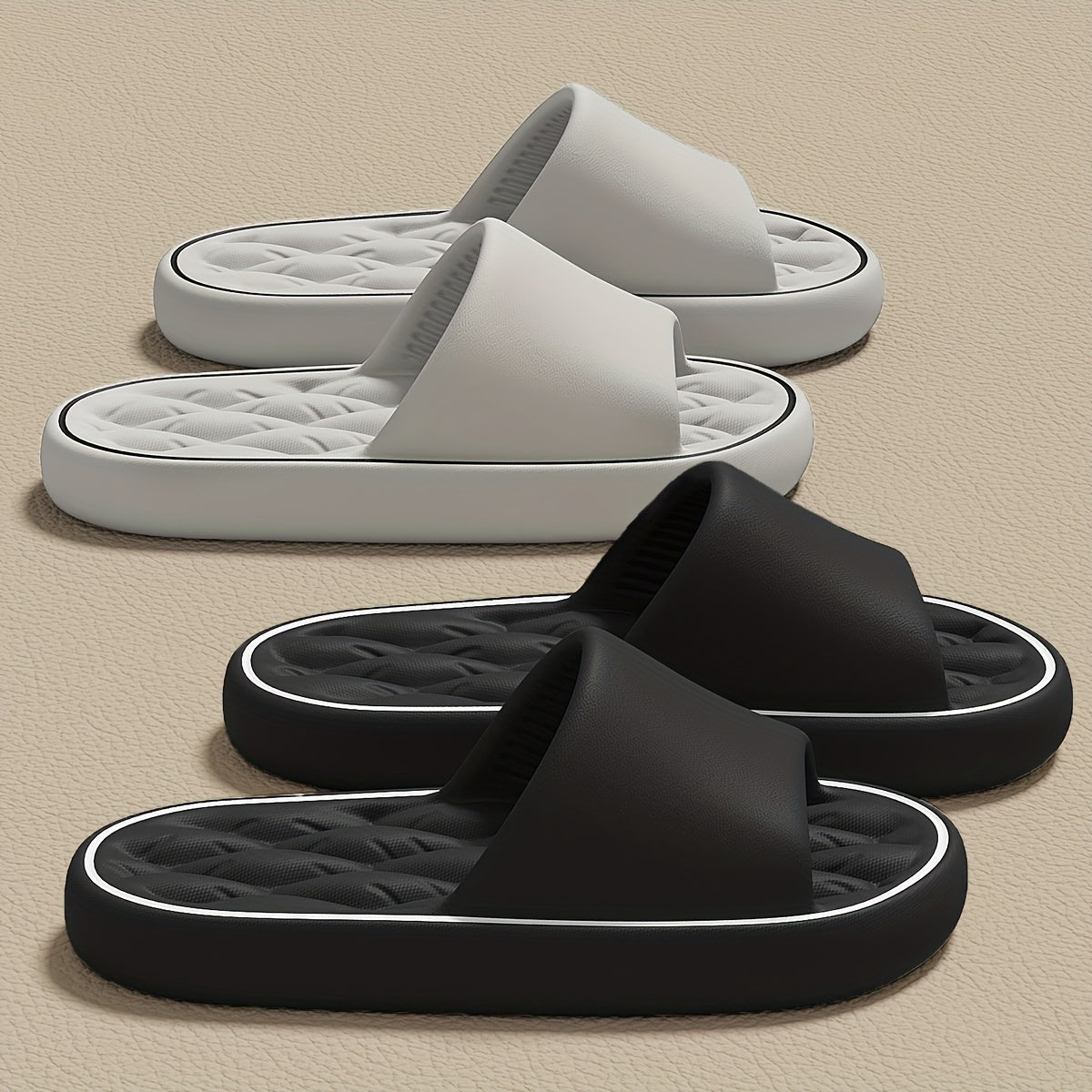 [Comfortable Slides] Comfortable Unisex EVA Slides | Non-Slip Indoor/Outdoor Slippers for Men and Women, Black with White Trim, Textured Sole for Enhanced Grip, Perfect for Home, Bathroom, or Casual Use, House Slippers