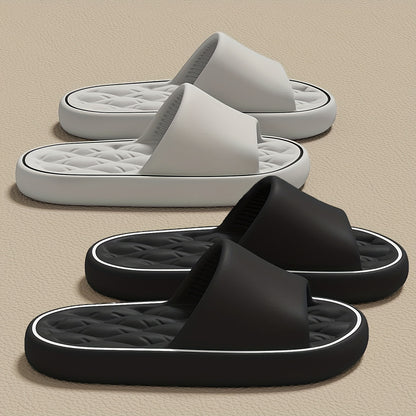 [Comfortable Slides] Comfortable Unisex EVA Slides | Non-Slip Indoor/Outdoor Slippers for Men and Women, Black with White Trim, Textured Sole for Enhanced Grip, Perfect for Home, Bathroom, or Casual Use, House Slippers