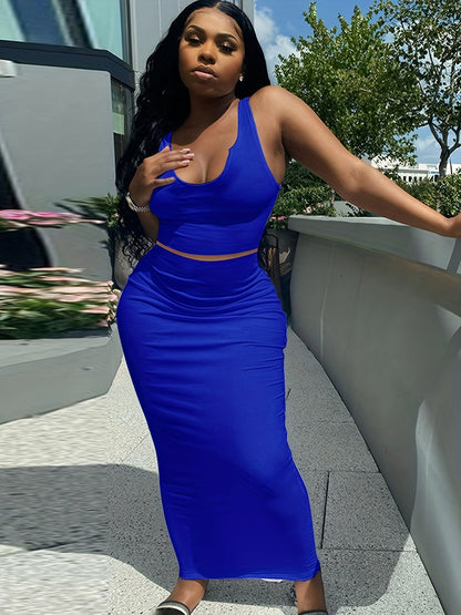 Trendy Two-Piece Set - Sexy Scoop Neck Sleeveless Tank Top & Flowy Bag Hip Maxi Skirt Outfit - Comfortable, Versatile, and Chic Women's Clothing for Everyday Wear