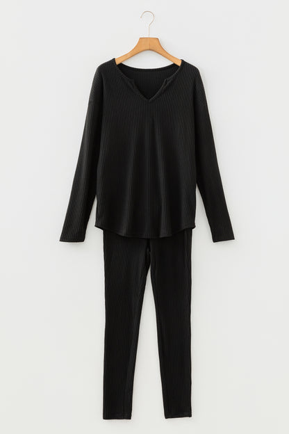 Black Ribbed Notched Neck Knit Long Sleeve Leggings Two Pieces Lounge Set