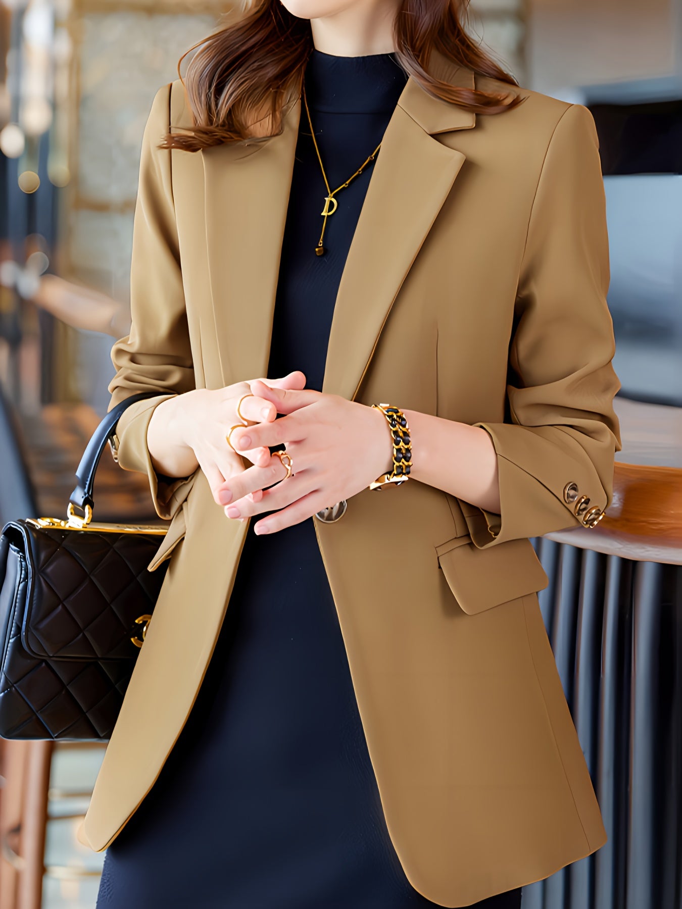 Elegant Black Blazer with Golden Buttons - Stylish Long Sleeve Women'S Blazer for Work & Casual, Autumn & Winter, Casual Workwear | Elegant Blazer | Stylish Button Detail, Blazers for Women