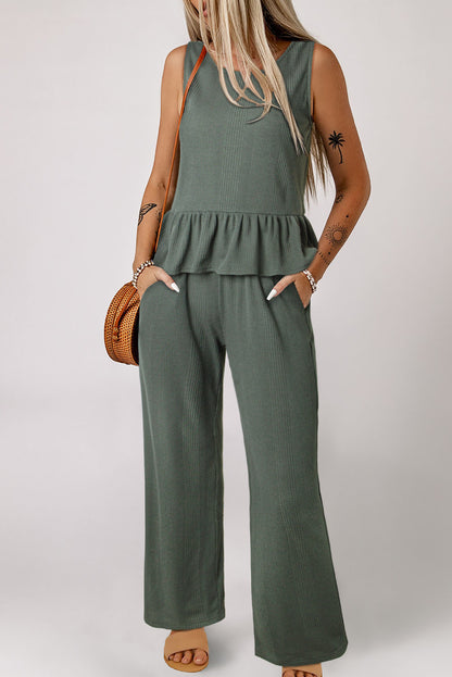 Duffel Green Solid Color Ribbed Ruffle Tank Top and Pants Set