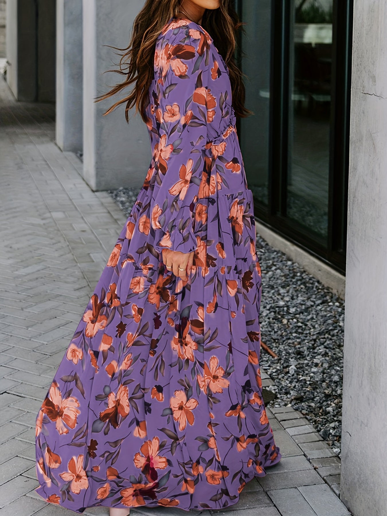 Lightweight Chiffon Floral Maxi Dress for Women - V-Neck, Long Sleeve, Layered Ruffle Hem, Bell-Bottom Maxi with Adjustable Waist Cincher, Perfect for Spring/Summer/Fall Vacations, Vacation Dress | Flowing Maxi Dress | Flowin