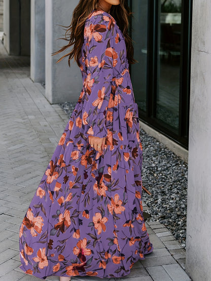 Lightweight Chiffon Floral Maxi Dress for Women - V-Neck, Long Sleeve, Layered Ruffle Hem, Bell-Bottom Maxi with Adjustable Waist Cincher, Perfect for Spring/Summer/Fall Vacations, Vacation Dress | Flowing Maxi Dress | Flowin