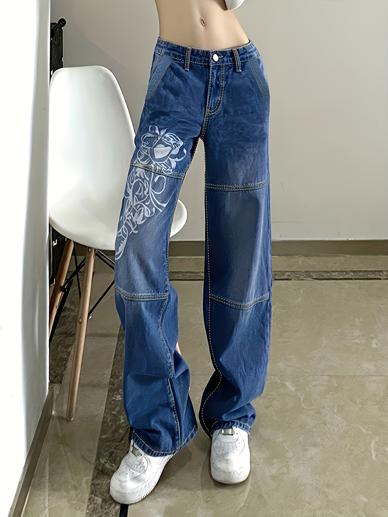 White Floral Print Thigh High Rise Loose Baggy Fit Straight Lets Plicated Hem Sectional Design High Waist Boyfriend Jeans, Women's Denim Jeans, Women's Clothing