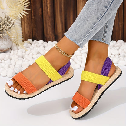 Vibrant Colorblock Flat Sandals for Women - Open Toe, Elastic Strap, Slip-On, Espadrille Sole, Beach Summer Shoes with Breathable Design and Comfortable Walking Experience