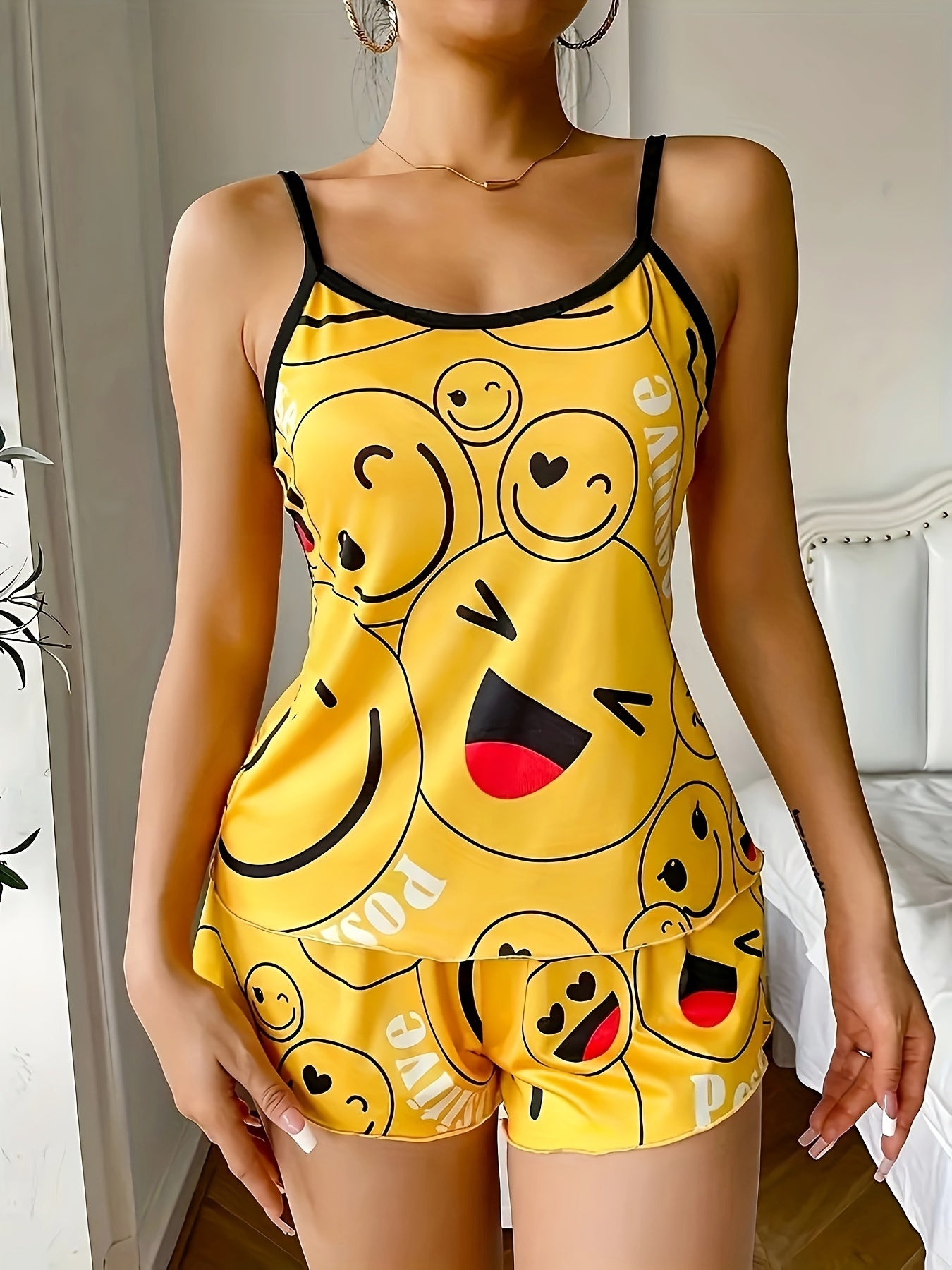 Cozy Women's Smiling Face Print Pajama Set - Soft Round Neck Backless Cami Top & Shorts, Comfortable Relaxed Fit for a Peaceful Sleep, Breathable Fabric, and Vibrant Colors