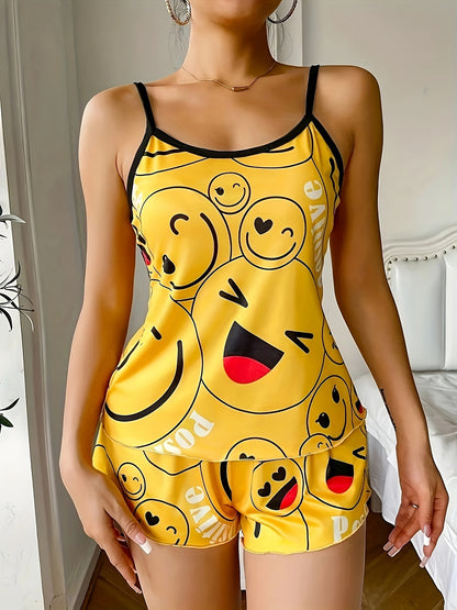 Cozy Women's Smiling Face Print Pajama Set - Soft Round Neck Backless Cami Top & Shorts, Comfortable Relaxed Fit for a Peaceful Sleep, Breathable Fabric, and Vibrant Colors