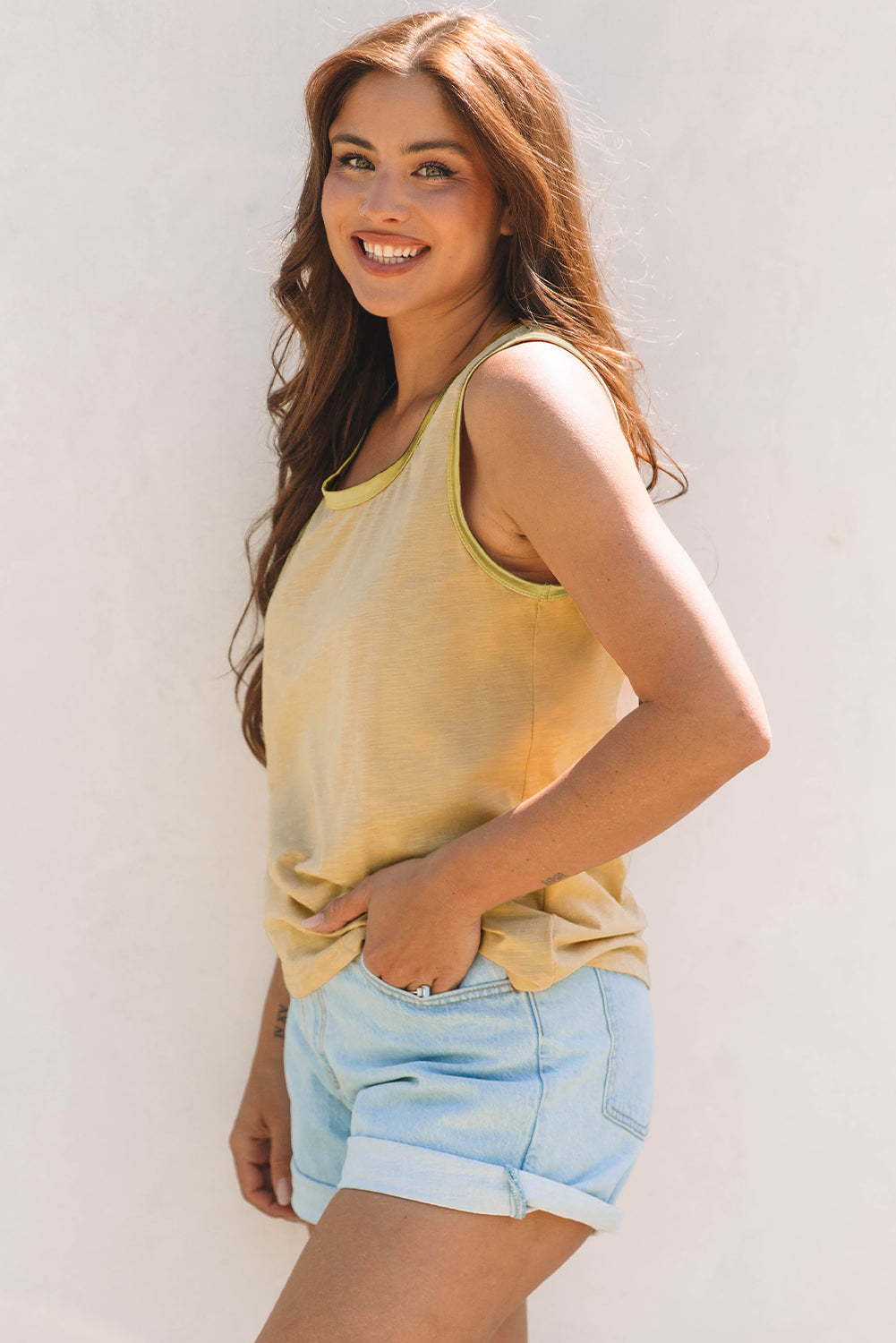 Tan Metallic Sheen Edge Scoop Neck Tank Top