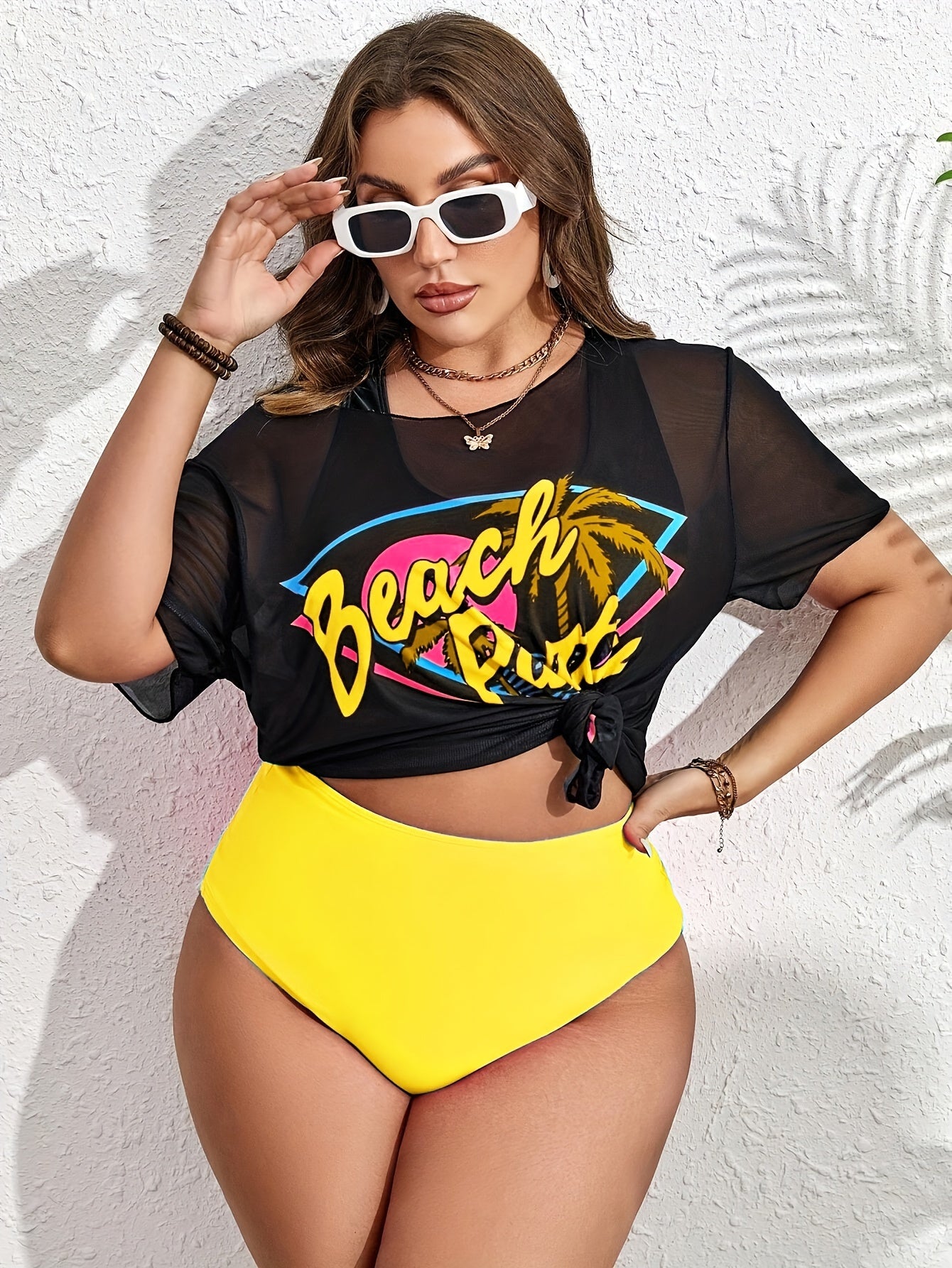 Plus Size Women's Tropical Print Bikini Set with Beach Cover-Up Dress - Stretchy, Comfortable 3pcs Swimsuit with Vibrant Palm Graphics, Includes Bra, High-Waisted Shorts & Tee for Vacation, High Waisted Bikini Set