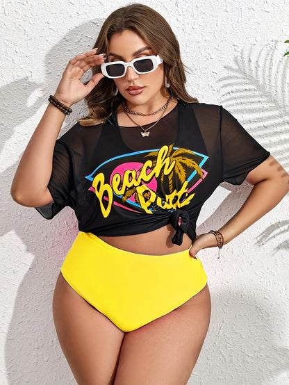 Plus Size Women's Tropical Print Bikini Set with Beach Cover-Up Dress - Stretchy, Comfortable 3pcs Swimsuit with Vibrant Palm Graphics, Includes Bra, High-Waisted Shorts & Tee for Vacation, High Waisted Bikini Set