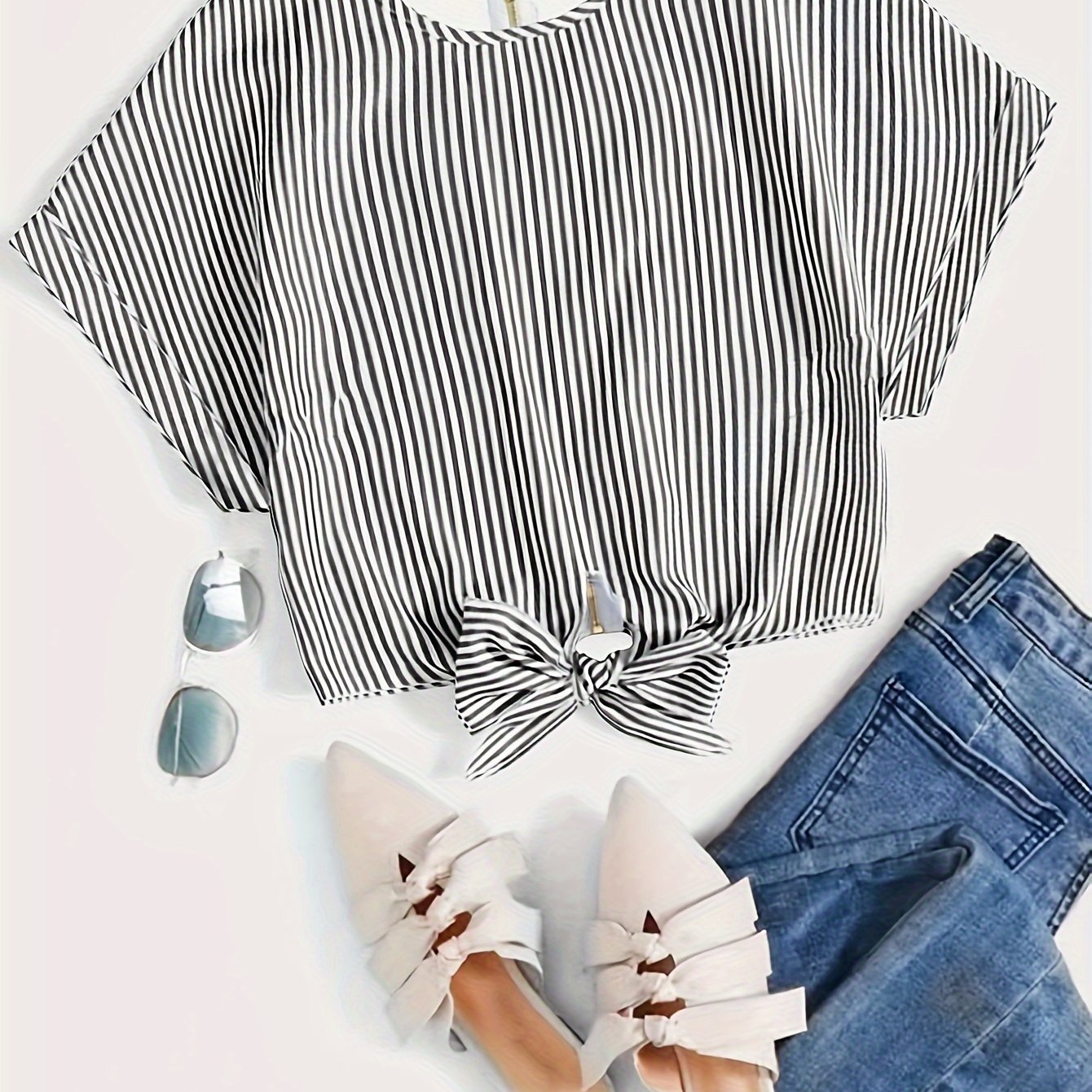 Striped Zip Up Knotted Blouse, Elegant Short Sleeve Crop Top For Spring & Summer, Women's Clothing