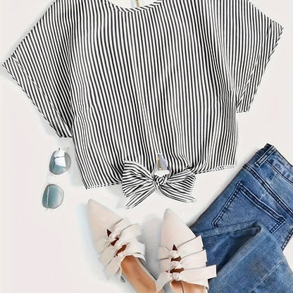 Striped Zip Up Knotted Blouse, Elegant Short Sleeve Crop Top For Spring & Summer, Women's Clothing