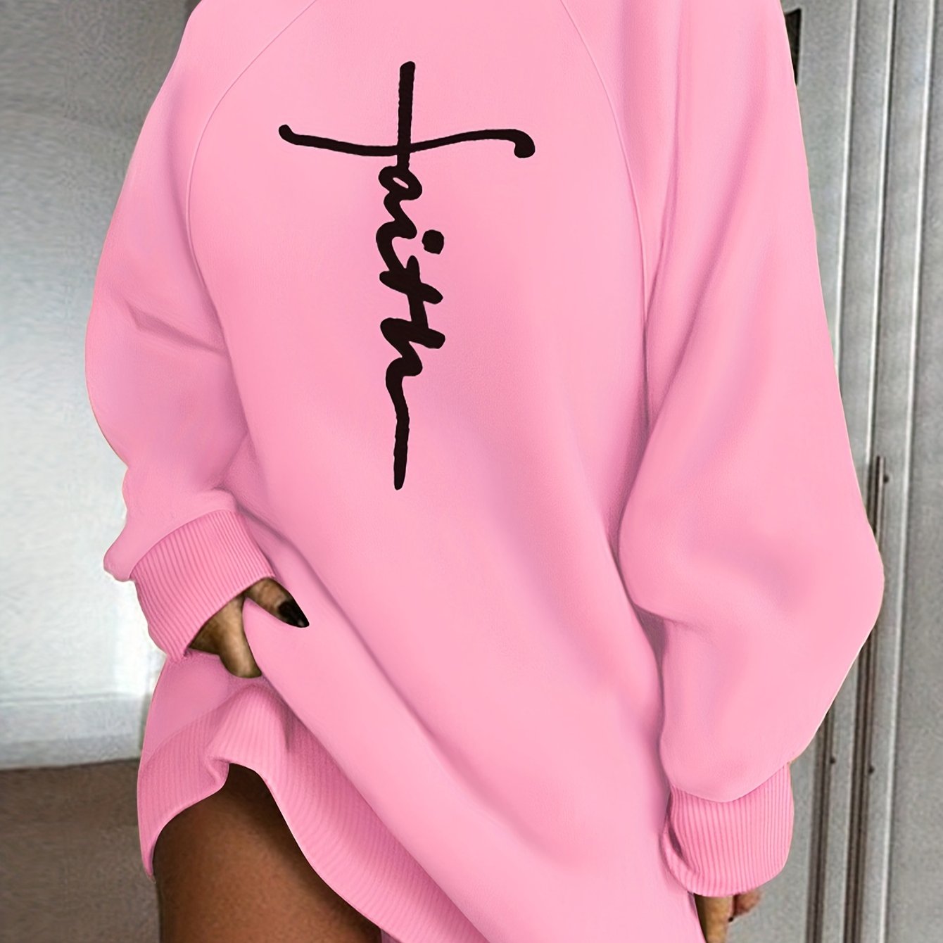 Faith Print Turtleneck Dress, Casual Loose Long Sleeve Dress, Women's Clothing