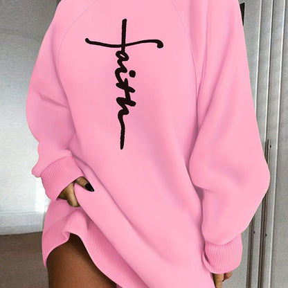 Faith Print Turtleneck Dress, Casual Loose Long Sleeve Dress, Women's Clothing