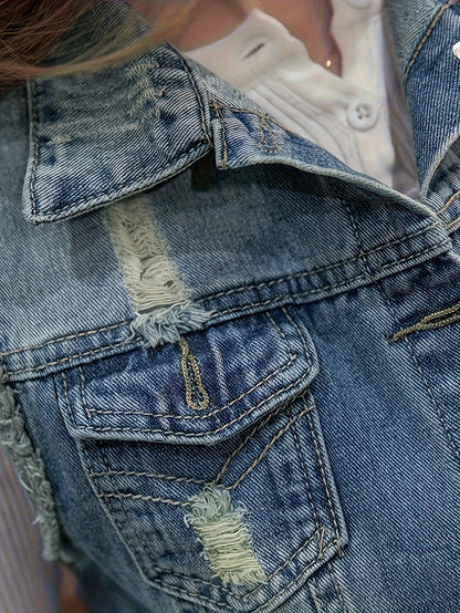 Ripped Raw Hem Distressed Denim Jacket, Plain Washed Blue Button Up Versatile Women's Vest Coat