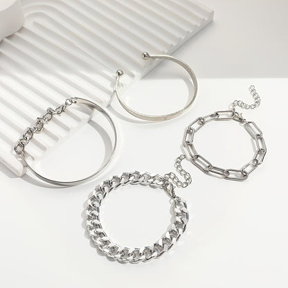 4 Pcs/Set Multilayer Hand Jewelry Decorative Simple Chain & Bangle Bracelet Set for Women - Stylish Party Clothing Accessory - Durable Handcrafted Design - Perfect Gift Idea