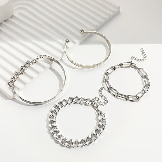 4 Pcs/Set Multilayer Hand Jewelry Decorative Simple Chain & Bangle Bracelet Set for Women - Stylish Party Clothing Accessory - Durable Handcrafted Design - Perfect Gift Idea