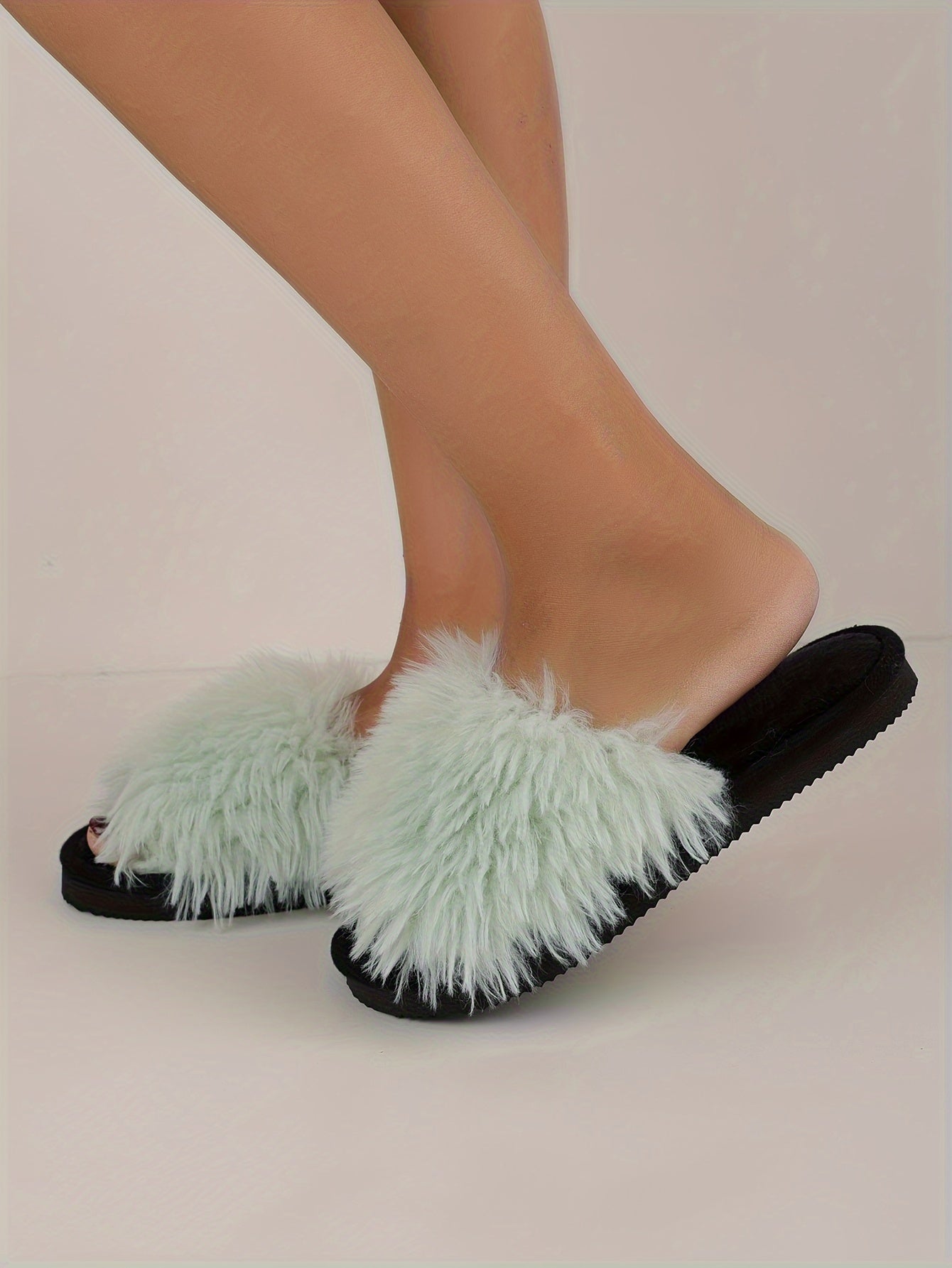 Elegant Women's Faux Fur Slippers - Winter Plush Open Toe Slip-On House Slippers with EVA Sole - Solid Color Fluffy Indoor Cotton Slides - Cixi Production Area